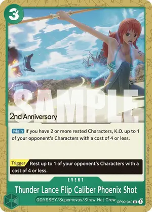 Carta Thunder Lance Flip Caliber Phoenix Shot OP09-040, versión Promo