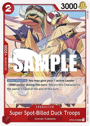 Carta Super Spot-Billed Duck Troops OP04-009, versión Promo