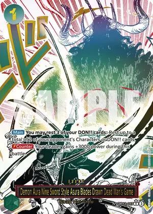Carta Demon Aura Nine Sword Style Asura Blades Drawn Dead Man's Game OP12-037, versión Arte alternativo