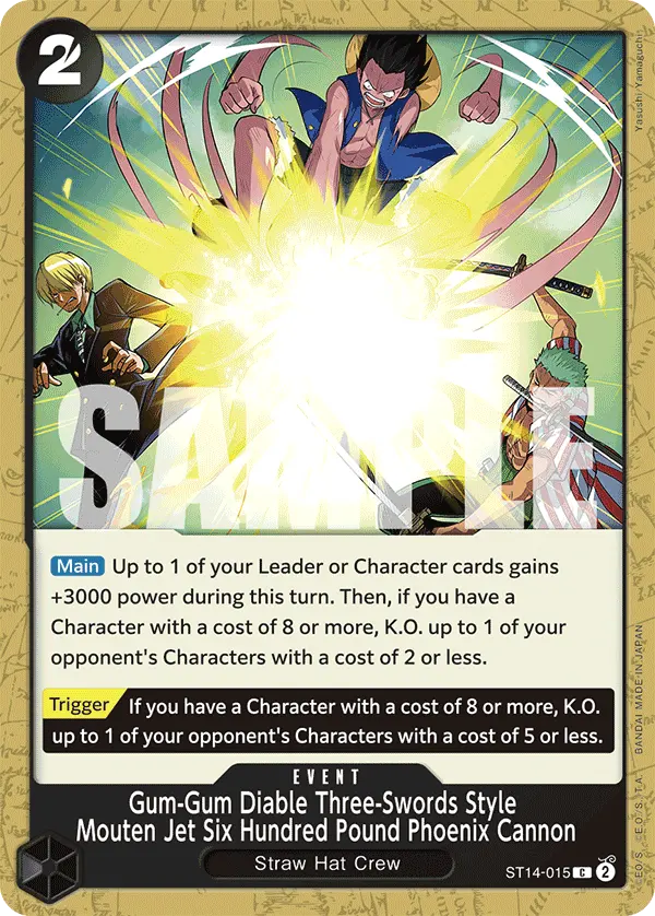 Gum-Gum Diable Three-Swords Style Mouten Jet Six Hundred Pound Phoenix Cannon ST14-015 card