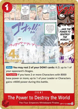 Carta The Power to Destroy the World OP17-018, versión Promo