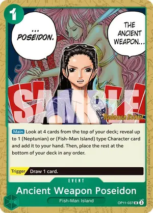 Carta Ancient Weapon Poseidon OP11-037, versión Promo