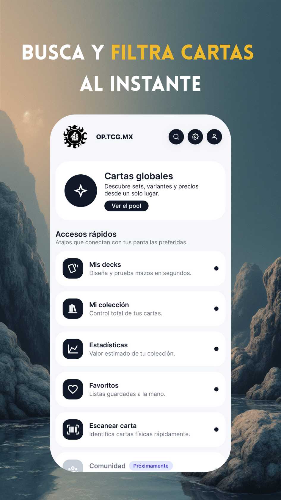 Vista previa de la app OP TCG MX